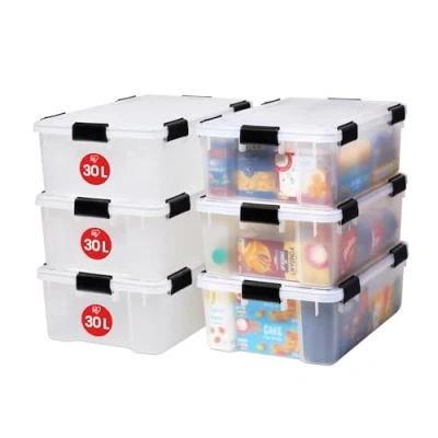 Afbeelding van Iris Ohyama, Luchtdichte opbergdoos, 30 l, 6 stuks, transparant, deksel met waterdichte afdichting, sluitclips, stapelbaar, voor buiten, garage, kleding, stofdicht, BPA vrij, AT LS