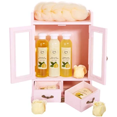 Afbeelding van BRUBAKER Cosmetics 10 delige Bad en Verzorgingsset Groene Thee &amp; Citroen in een Vintage Houten Kastje Wit Moederdag cadeautje