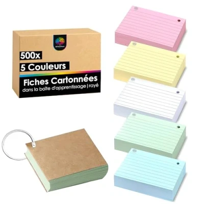 Afbeelding van OfficeTree 500 x flitskaarten A8 5 kleuren Flashcards met ring en opbergdoos gelinieerd beoordelingsblad flitskaart voor examens notities Woordenschat indexkaarten