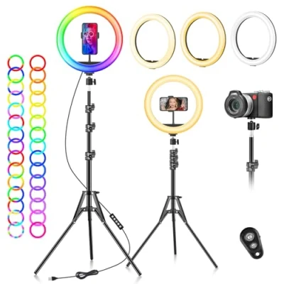 Afbeelding van Led ringlamp met statief voor 10 inch mobiele telefoon, 40 dimbare RGB modi, lichtring, statiefhouder telefoon lamp smartphone, apparaat