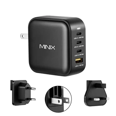 Afbeelding van MINIX Neo P3 100W Turbo 4 poorts GaN Wall Charger, 3 x USB C Port Fast Charging Adapter (Max 100W/20W), 1 A 18W). Compatibel met MacBook Pro Air, iPad Pro, iPhone 13, 12, Galaxy S9 en More.