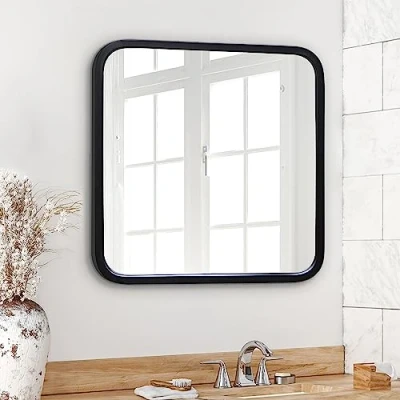 Afbeelding van Americanflat Vierkante wandspiegel met afgeronde hoeken voor slaapkamer, badkamer, woonkamer, 60 cm, zwart frame, grote ophangmateriaal
