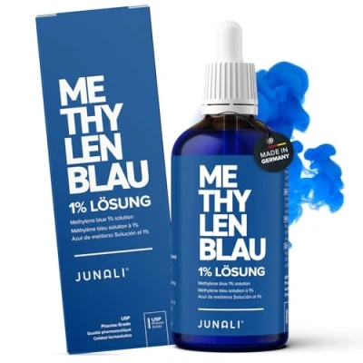 Afbeelding van JUNALI® 1% USP methyleenblauwe oplossing in farmaceutische kwaliteit, 100 ml, vrij van zware metalen, laboratoriumgeteste kwaliteit Made Germany