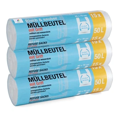 Afbeelding van Premiumline Afvalzakken met draaggreep/handvat, 50 liter, bijzonder duurzaam en waterdicht, afmetingen 60 x 70 cm