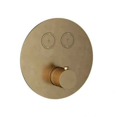 Afbeelding van HotBath Cobber PB009 rond afbouwdeel voor inbouwthermostaat met 2 pushbuttons Geborsteld Messing