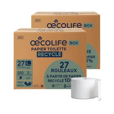 Afbeelding van oecolife gerecycled toiletpapier, 3 laags, 54 rollen x 250 vellen, losse verpakking, super zacht, plasticvrij, veganistisch, duurzaam toiletpapier