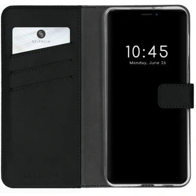 Afbeelding van Selencia Hoesje Geschikt voor iPhone 13 Pro Met Pasjeshouder Echt Lederen Bookcase Zwart