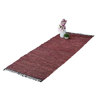 Afbeelding van Relaxdays vloerkleed leder en katoen tapijt antislip chill mat lappen franjes Rood, 80 x 200 cm