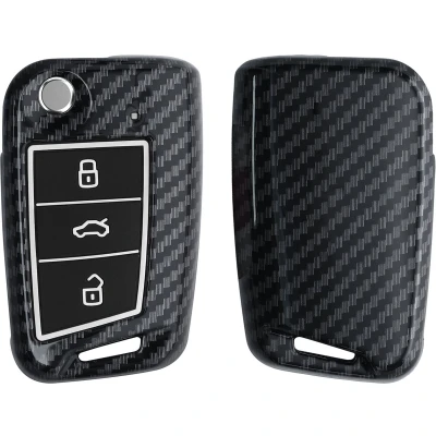 Afbeelding van kwmobile hoes voor autosleutel geschikt VW Golf 7 MK7 3 knops Autosleutelbehuizing in zwart Carbon design