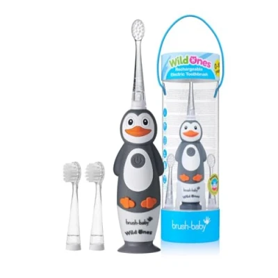 Afbeelding van Brush Baby Electrische Oplaadbare Kindertandenborstel WildOnes Percy de Pinguïn 0 10 jaar 3 opzetborstels 2 poetsstanden Timer &amp; Pulse Disco licht Zuignapvoet