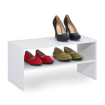 Afbeelding van Relaxdays Schoenenrek voor 4 paar schoenen, 29,5 x 60 cm, 2 etages, stapelbaar, wit