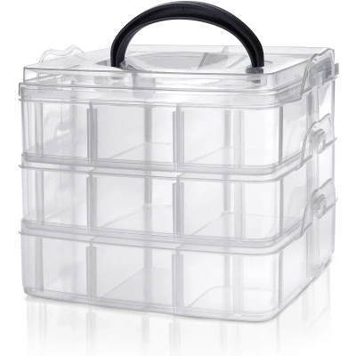 Afbeelding van 3 Laags Helder Transparant Plastic Stapelbare Opslag Doos Aanpasbare Compartiment Vakken Maximaal 18 Compartimenten Container Voor het Opslaan van Speelgoed, Juwelen, Kralen, Kunst en Hobby.