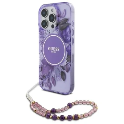 Afbeelding van Guess Hoesje Geschikt voor iPhone 16 Pro Max Met Koord MagSafe IML Case Flowers with beads strap paars