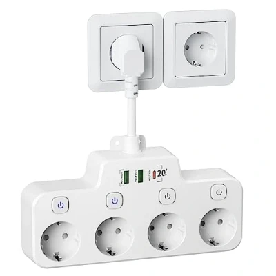 Afbeelding van USB C stekkerdoos met schakelaar, 4 stopcontacten schakelaars (afzonderlijk schakelbaar), meervoudig stopcontact 20 W en 2 A QC 18 voor keukenkantoor, wit
