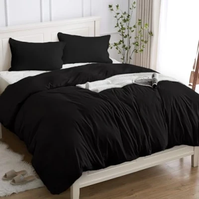 Afbeelding van Dekbedovertrek, 100% katoen, tweepersoons, 200 x cm (2 kussenslopen van 50 80 cm), beddengoed hoogwaardig katoen 150 g/m², OEKO TEX® gecertificeerd, zacht, ademend, hypoallergeen, zwart