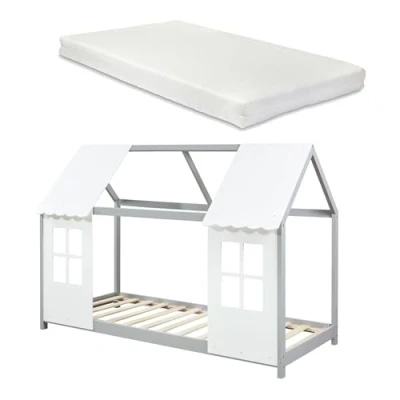 Afbeelding van Kinderbed Tostedt huisbed met matras 90x200 cm grijs en wit [en.casa]