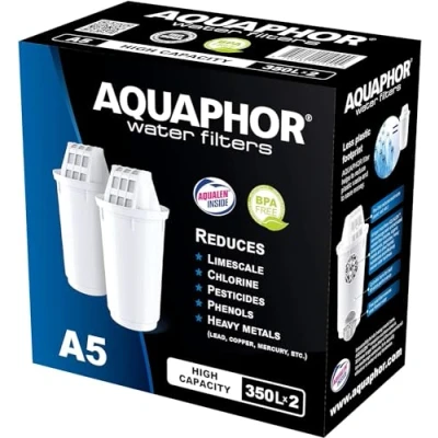 Afbeelding van AQUAPHOR Set van 2 A5 filterpatronen, filtert kalk en chloor, zware metalen andere stoffen, 350 liter helder water, met Aqualen technologie voor een betere
