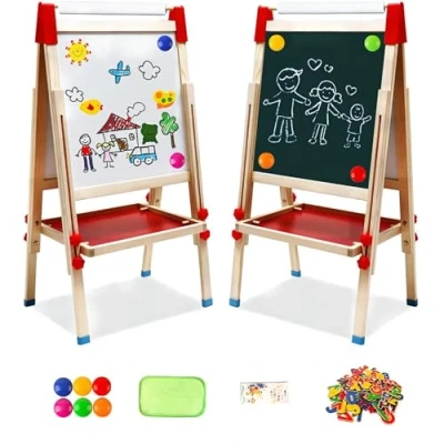 Afbeelding van Schildersezel voor kinderen, dubbelzijdig van hout, met papierrol, whiteboard en schoolbord cijfers andere accessoires, geschikt meisjes jongens 2 tot 8 jaar