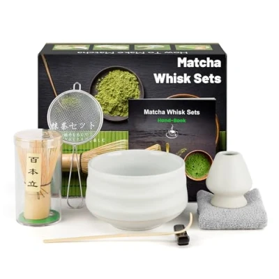 Afbeelding van matcha gardeset, Japanse theeset met bezem, kom en keramische bezemhouder, lepel, zeef, theedoek, accessoires (7 stuks