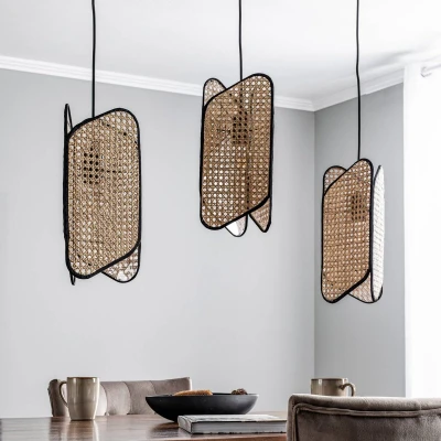Afbeelding van Lucande hanglamp 3lichts ijzer, bamboe H: 37 cm E27 zwart, licht hout