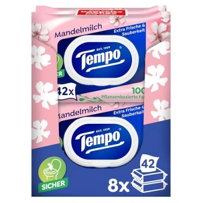 Afbeelding van Tempo 16 rollen vochtig toiletpapier met amandelmelk en panthenol