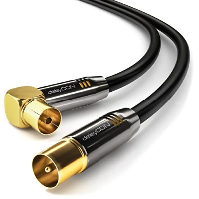 Afbeelding van deleyCON 1m TV Antennekabel HDTV Full HD 1x Hoekig Coaxkabel Stekker (Recht) naar Aansluiting (90 Graden) Metalen Zwart