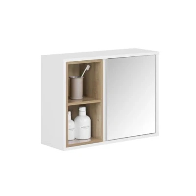 Afbeelding van SoBuy Wandkast met spiegel voor badkamer, hangende opbergkast, hoge badkamerkast deur en 2 open vakken, 60 x 20 45 cm, wit, BZR149 W