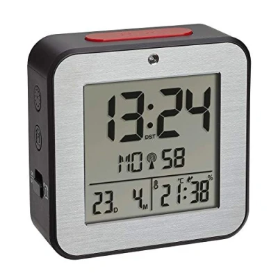 Afbeelding van TFA Dostmann Digitale wekker, draadloos, 60.2547.54, met 2 wekalarmen, radiogestuurde klimaat, binnenfront, aluminium, zwart, 82 x 33 mm