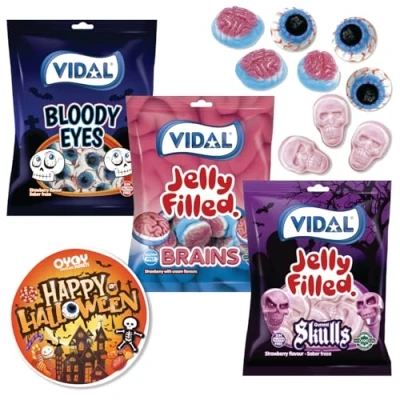 Afbeelding van OYOY Halloween snoepmengset, 270 g, waarvan 1 x 90 g doodshoofden, bloederige ogen, hersenen en griezelige sticker