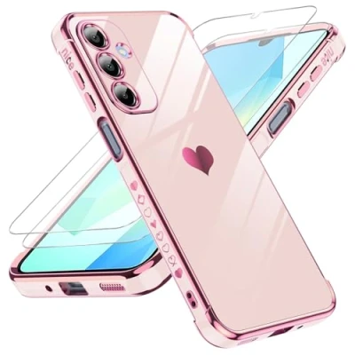 Afbeelding van LeYi beschermhoes voor Samsung Galaxy A16 4G / 5G met 2 glazen van gehard siliconen, hartvorm, beschermhoes, schokbestendig, krasbestendig, zacht, TPU, licht, A 16, roze