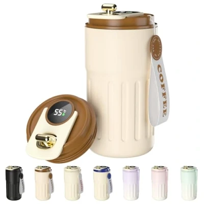 Afbeelding van Homealexa Koffiebeker om mee te nemen, digitaal display, 410 ml, 316 roestvrij staal, vacuüm geïsoleerd, lekvrij, met koffiedeksel