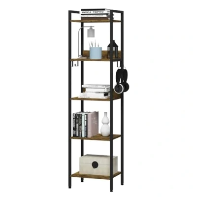 Afbeelding van WOLTU Opbergrek met 5 niveaus, keukenrek 4 haken, boekenkast in industriële stijl, vrijstaande plank voor woonkamer, keuken, smalle plank, vintage houtlook, 40 x 30
