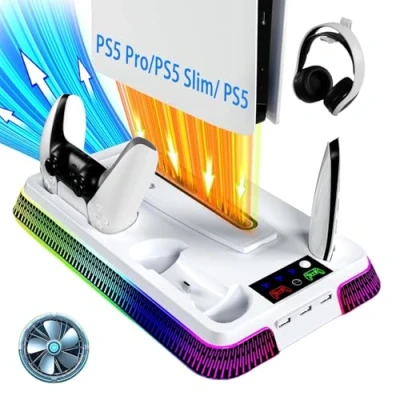 Afbeelding van Gerbala PS5 houder 3 in 1 met laadstation voor controller en traps ventilator, ondersteuning 10 RGB lampen USB poorten, koeler Playstation 5 Slim &amp; Standard