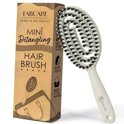 Afbeelding van FABCARE Mini haarborstel, haarborstel van varkenshaar, spiraalvormige ontwarrende borstel met dubbele veer, professionele (beige)
