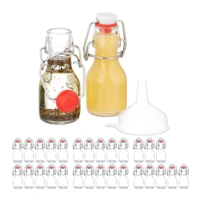 Afbeelding van Relaxdays Set van 30 kleine 50 ml transparante glazen flessen om te vullen voor likeuren en oliën met mechanische sluiting
