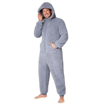 Afbeelding van Rompertje voor heren, overall, pyjama, onesie, alles in één, warm, van pluche, M 3XL, grijs.