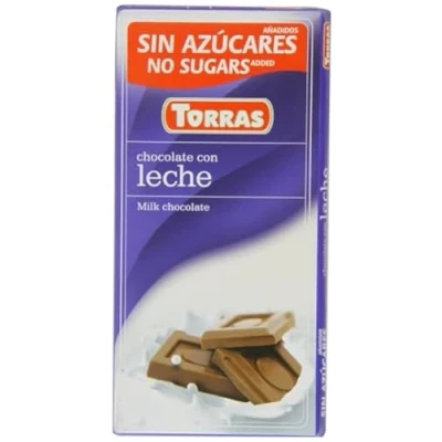 Afbeelding van Torras Chocolade, chocolade zonder toegevoegde suiker, volle melkchocolade, dienblad (75 g)