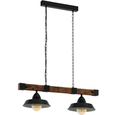 Afbeelding van EGLO pendellamp OLDBURY, 2 lichtbronnen Vintage pendelarmatuur met industrieel ontwerp, hanglamp van staal en hout, kleur: zwart, rustiek bruin, fitting: E27, L: 86 cm