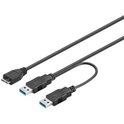 Afbeelding van PremiumCord USB 3.0 Y stroomkabel, Micro B naar 2x A stekker, SuperSpeed datakabel tot 5 Gbit/s, kleur: zwart, lengte: 0,3 m