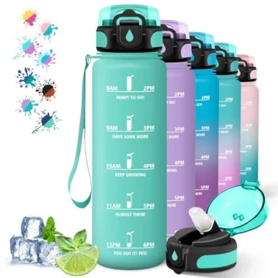 Afbeelding van Gourde 1l, Sport avec Paille, Graduée pour 1 Journee Running, Reutilisable, Facile à Nettoyer, Adulte anti Fuite, Bouteille d&#039;eau Camping, Randonnée, Yoga, Vert