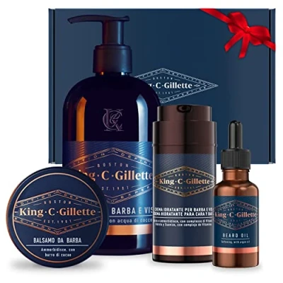 Afbeelding van King C. Gillette Complete cadeauset, gezichtsreiniger voor mannen, baardbalsem, olie en vochtinbrengende crème baard gezicht, blauw, cadeau idee