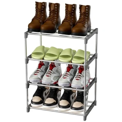 Afbeelding van Magrimaxio Metalen schoenenrek met 4 niveaus, licht, stapelbaar, voor 8 paar schoenen, hal, woonkamer, slaapkamer, entree, grijs