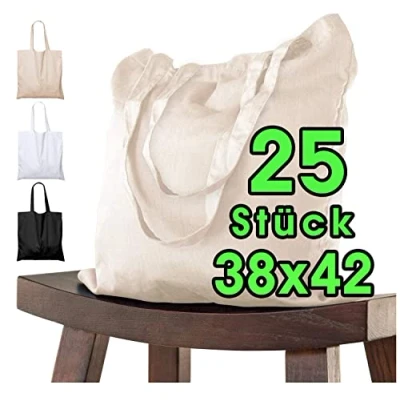 Afbeelding van 25 stuks katoenen tas 38 x 42 cm onbedrukt stoffen met lange steel draagtas schoudertas jute ÖKO TEX® geteste boodschappentas linnen (Natuur)