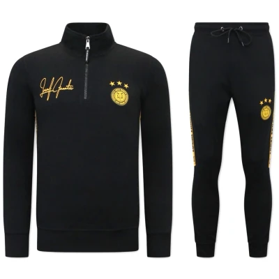 Afbeelding van Heren Joggingspak Half Zipper, Double Ribbon Zwart Geel Maat XXL