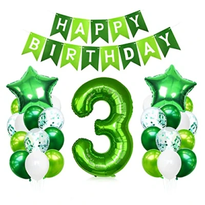 Afbeelding van Bluelves 3 jaar verjaardag, nummer 3, groene heliumballon, decoratie voor kinderen, meisjes en jongens