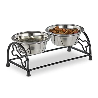 Afbeelding van Relaxdays dubbele hondenvoerbak 2x rvs hondenbak elk 300 ml voerbakken met standaard