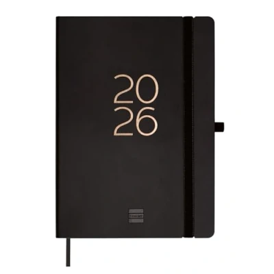 Afbeelding van Finocam agenda 2026, 1 dag per pagina januari december (12 maanden) A5 met elastiek en geweven lintbladwijzer Capri softcover zwart internationaal