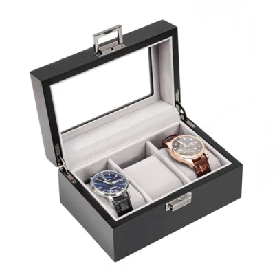 Afbeelding van ProCase houten horlogedoos voor heren, horloge display met 3 sleuven, horlogehouder glazen deksel, mat zwart