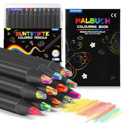 Afbeelding van ECHOCUBE 12 stuks 7 in 1 regenboogkleurpotloden voor kinderen om te tekenen en schrijven, knutselbenodigdheden kinderen, kleurrijke houten potloden feestzakjes geschenken