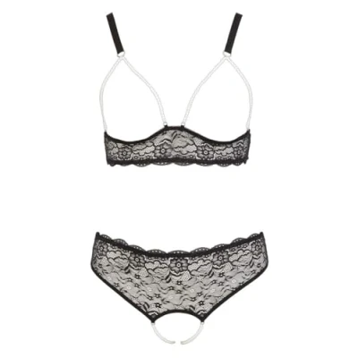 Afbeelding van Cottelli Plus Size Lingerie Set van Kant Open Kruis en Borsten met Parelbanden Maat 2XL Zwart